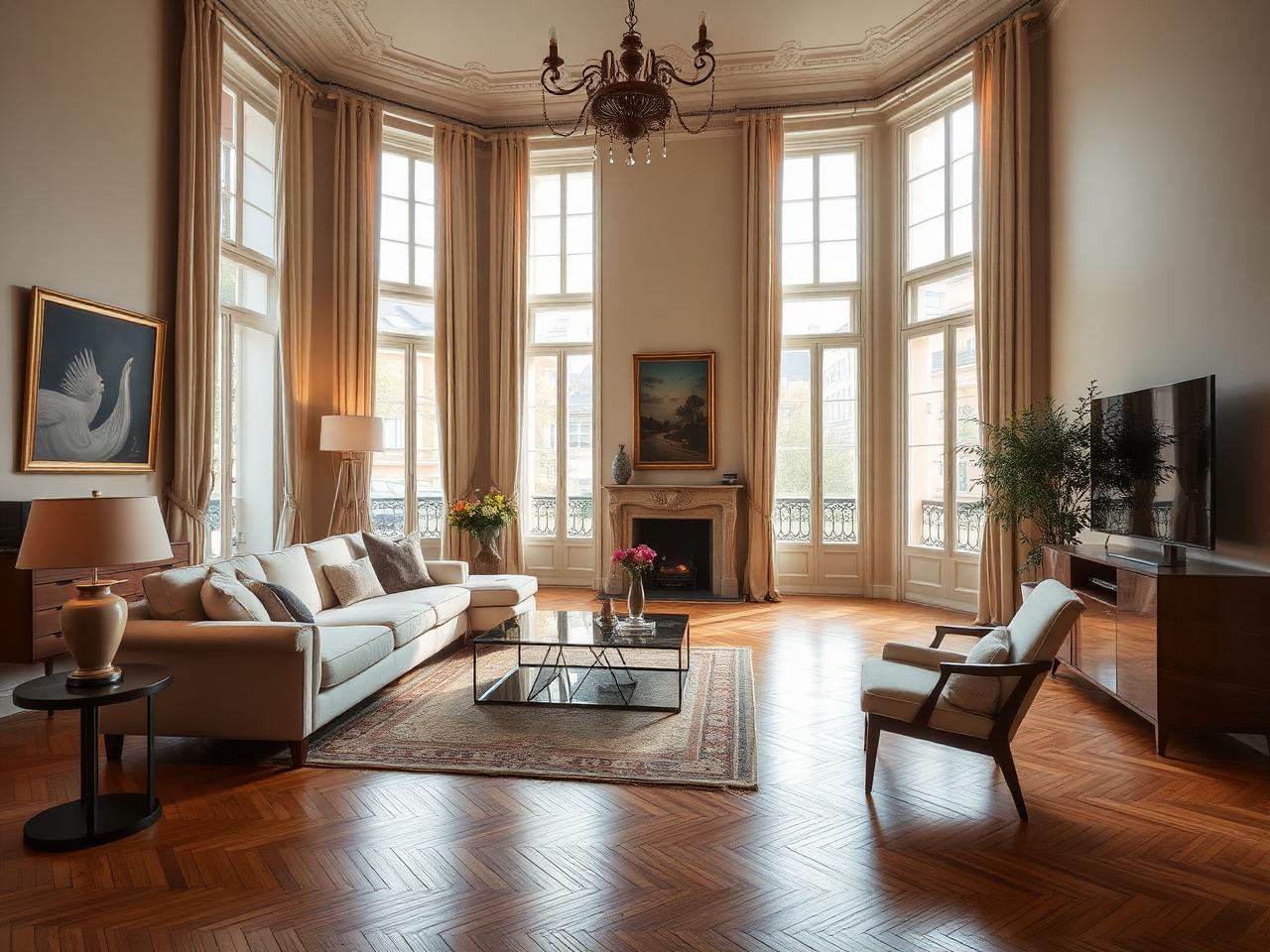 Salon élégant d'un appartement lyonnais avec parquet et hautes fenêtres