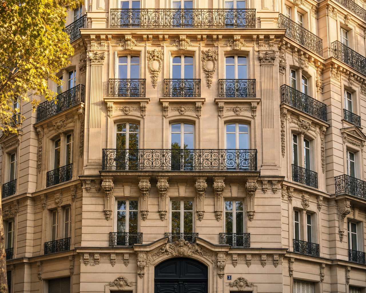 Façade d'un immeuble haussmannien avec balcons en fer forgé